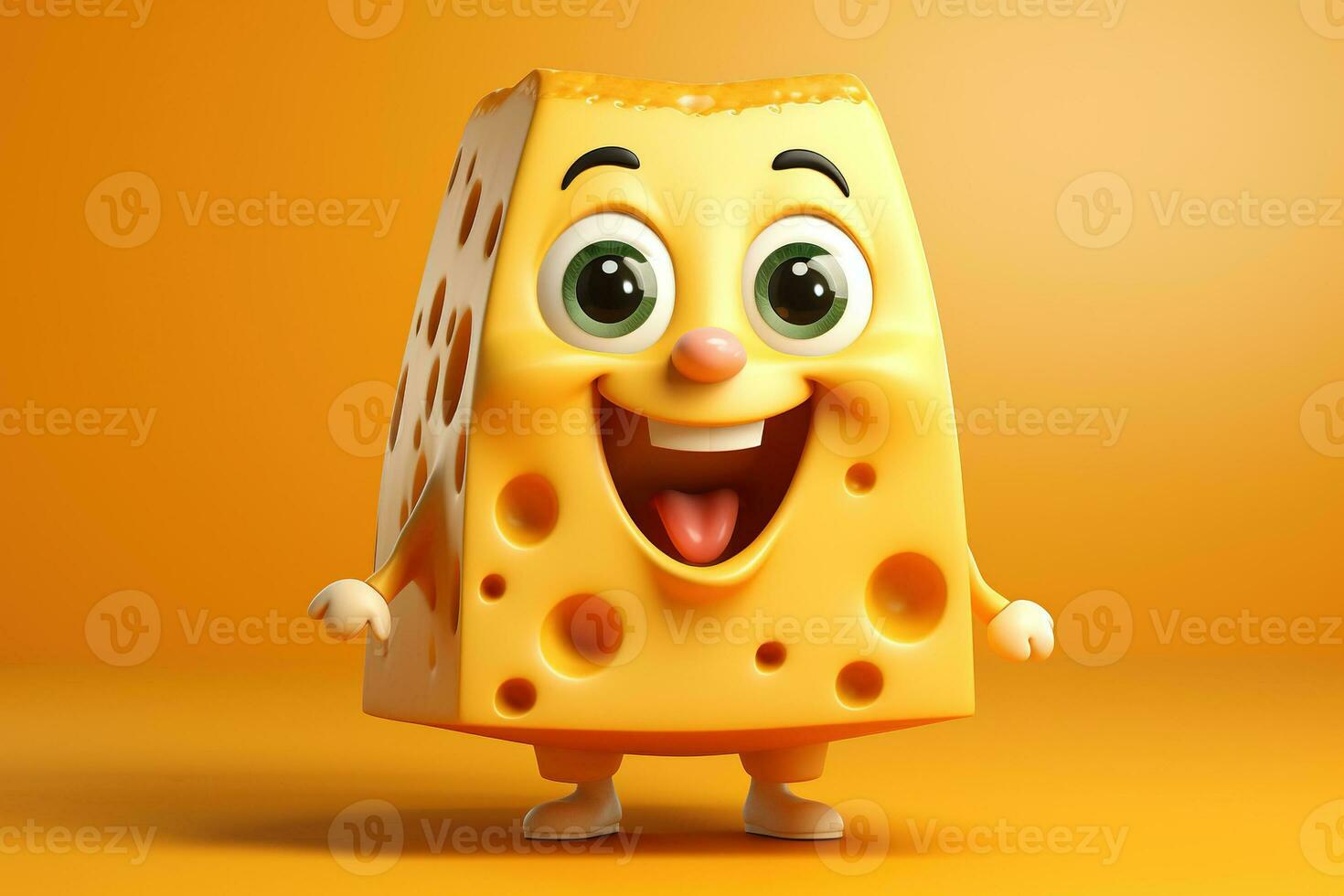 Piece of Holland cheese cartoon character on orange background illustration. AI Generated photo