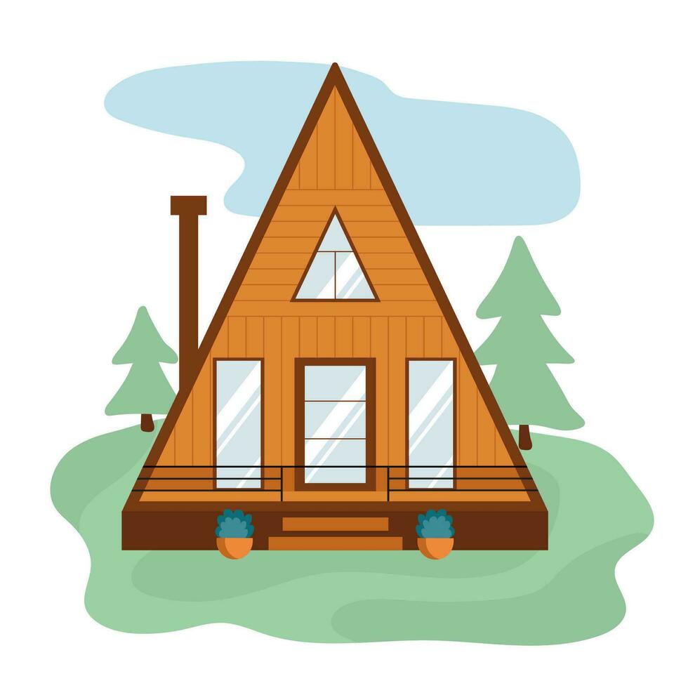 Wooden A-frame house surrounded by fir trees. Cozy cabin house in a woods. Family gateway lodge in a forest. Vacation home outdoors. Triangular house vector illustration.