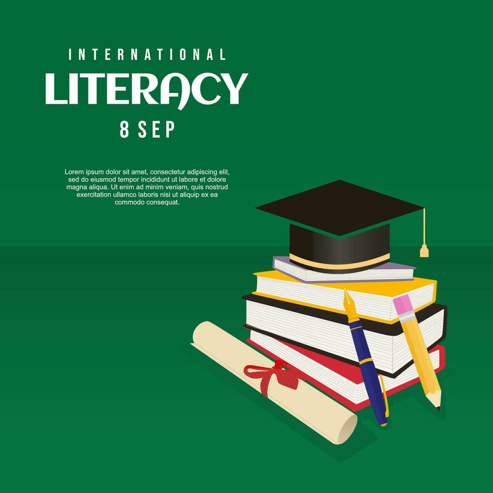 International literacy day banner with college graduation cap vector