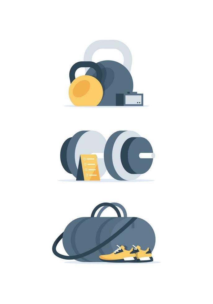 Illustration of fitness and bodybuilding equipment. Home gym set. Flat vector illustration