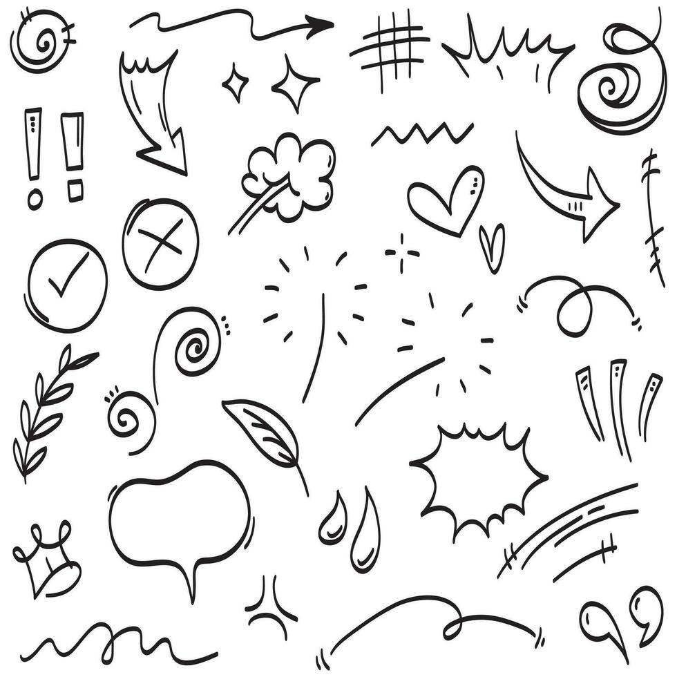 Vector set of hand-drawn cartoony expression sign doodle, curve directional arrows, emoticon effects design elements, cartoon character emotion symbols, cute decorative brush stroke lines.