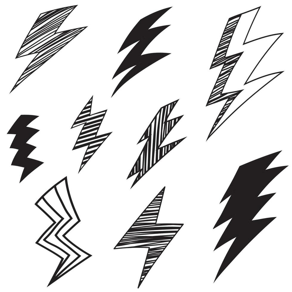 set of hand drawn vector doodle electric lightning bolt symbol sketch illustrations. thunder symbol doodle icon .