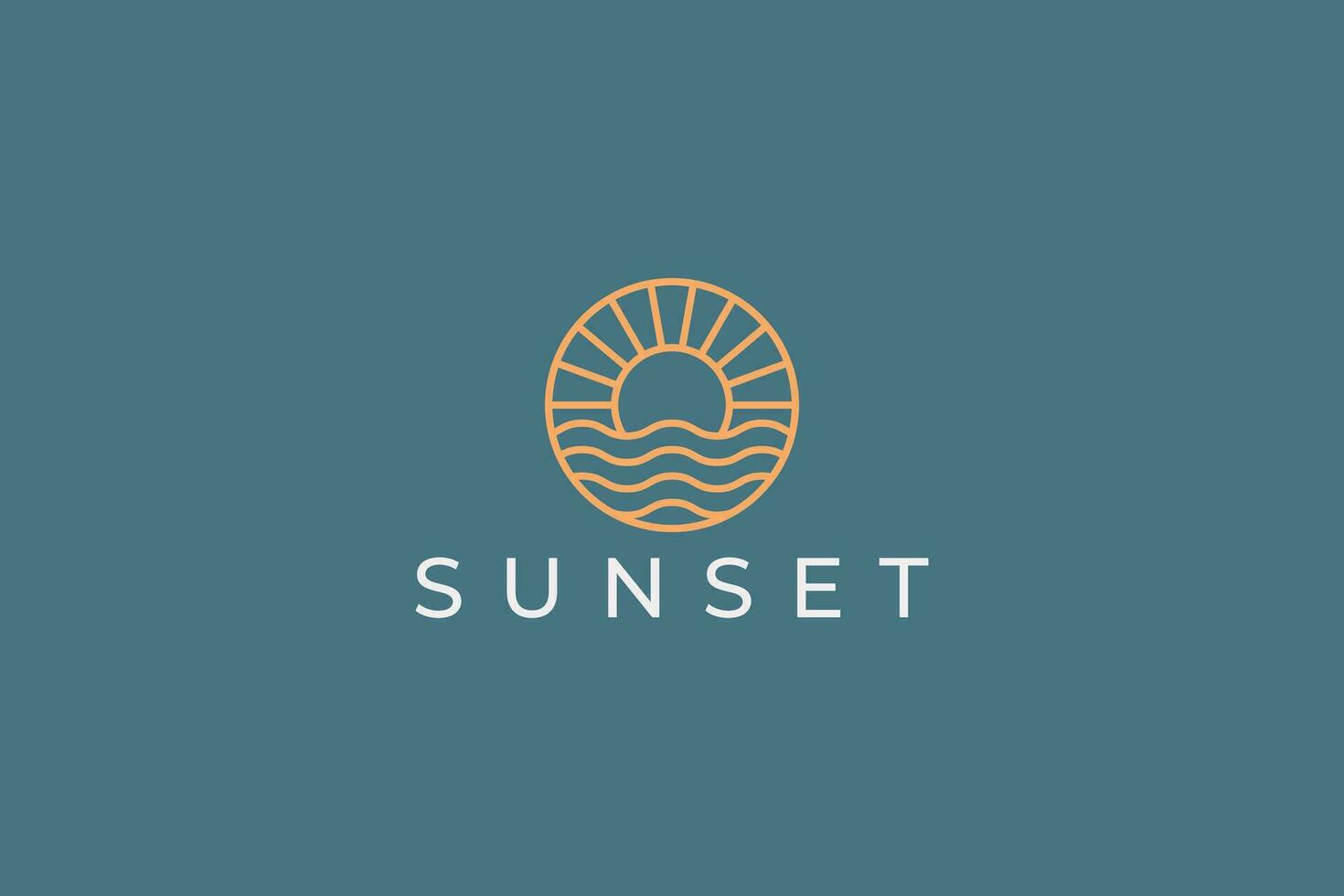 Logo Badge Hipster Gold Sun Sunset with Beach Ocean Sea Water Linear Outline Business Resort and Hotel vector