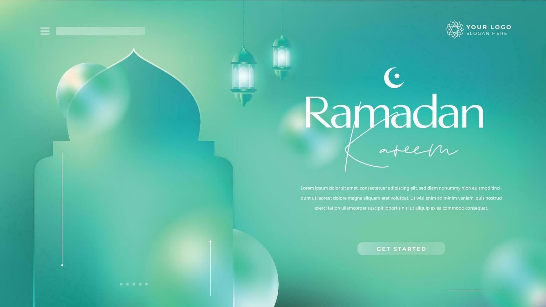 Ramadan Kareem Landing Page Template Design Beauty Green Holographic Glass Morph vector