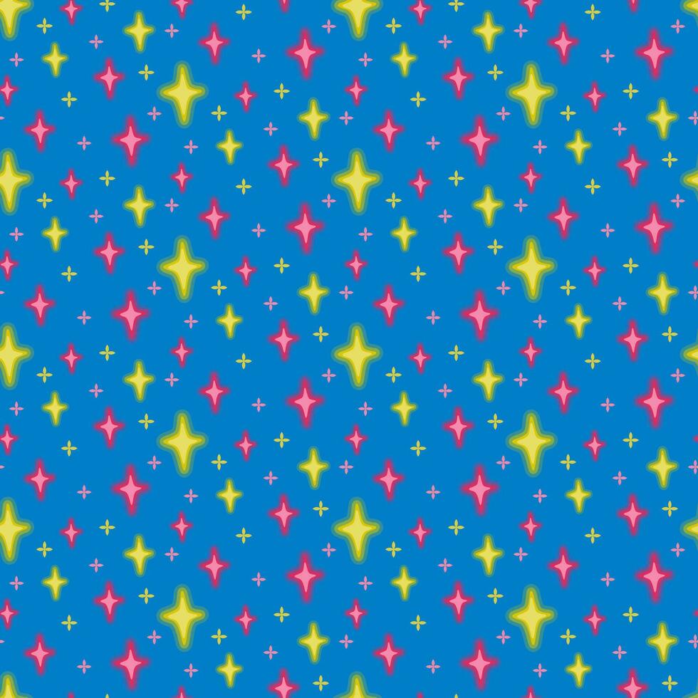 Flat colorful twinkles seamless pattern. Vector isolated elements on blue background. Trendy retro 90s y2k design. Perfect for home decoration, kids textile, wrapping paper, scrapbooking, backgrounds