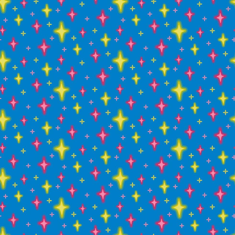 Flat colorful twinkles seamless pattern. Vector isolated elements on blue background. Trendy retro 90s y2k design. Perfect for home decoration, kids textile, wrapping paper, scrapbooking, backgrounds