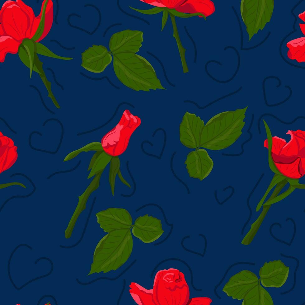 plano rojo rosas sin costura modelo en oscuro azul antecedentes. vector mano dibujado aislado negrita flores botánico composición. ideal para envase papel, fondo, fondo de pantalla, textil, bandera, álbum de recortes