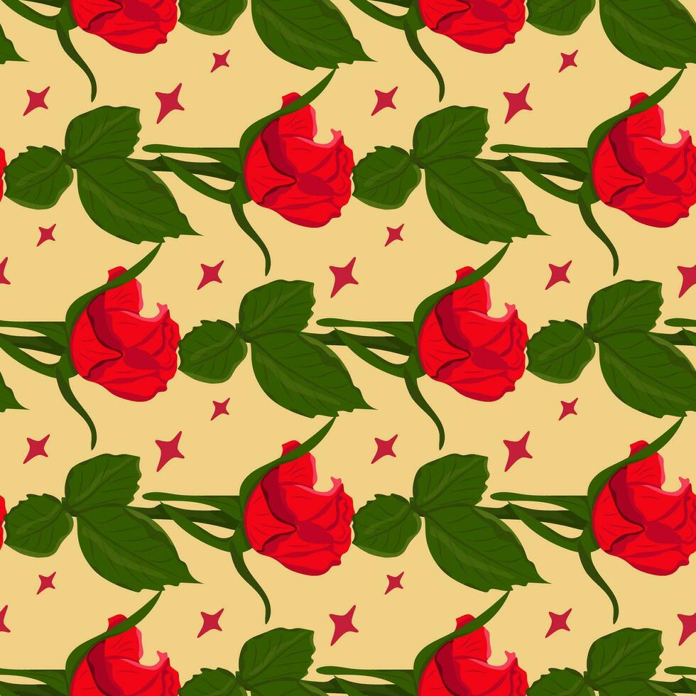 Flat red roses pattern on light background. Vector hand drawn isolated flowers with lights. Floral composition. Suitable for wrapping paper, background, wallpaper, textile, banner, scrapbookingr