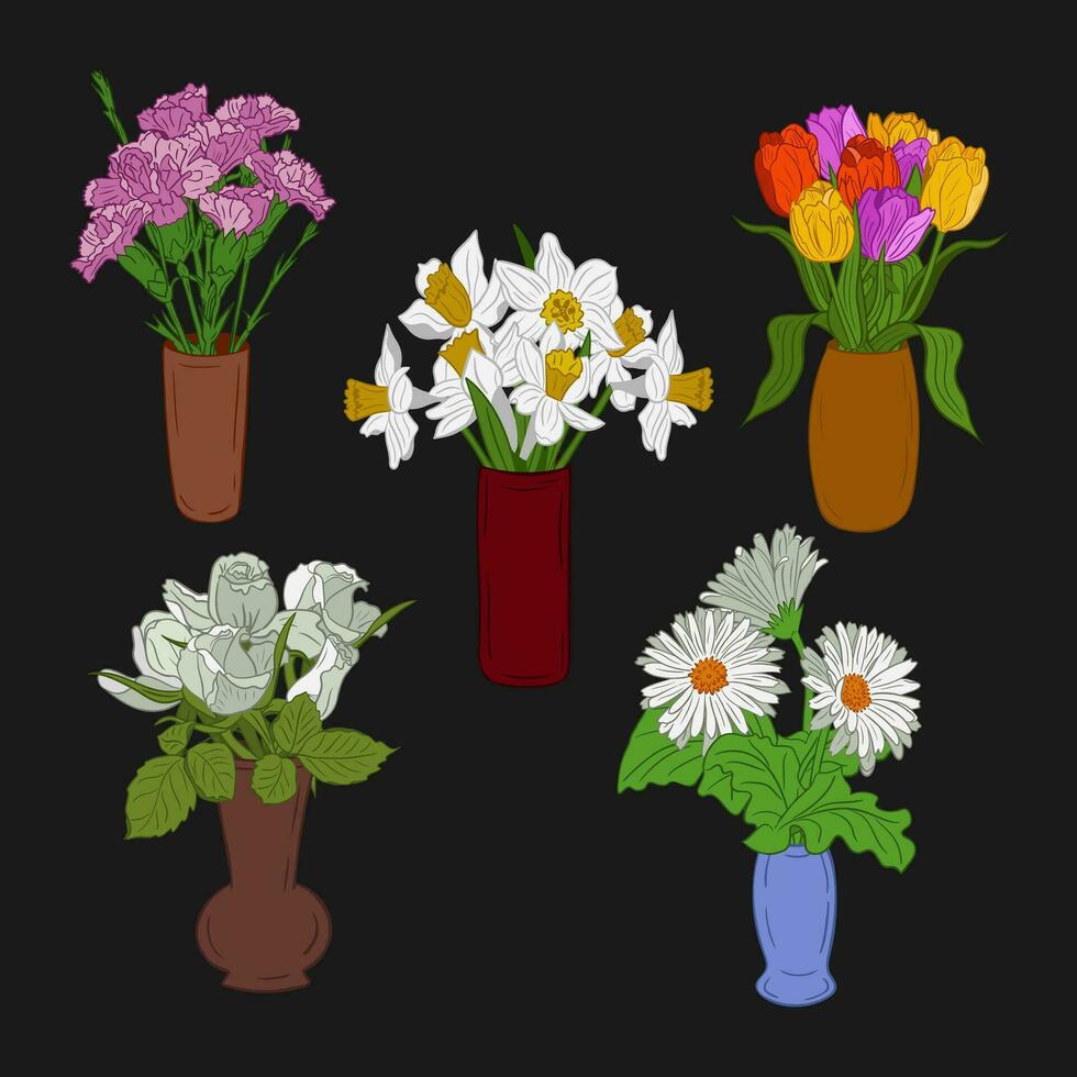 plano vector racimos de flores en cerámico jarrones oscuro tema. aislado contornos flores en negro antecedentes. botánico ilustración. Perfecto para saludo tarjeta, invitación, bandera, pegatinas, hogar decoración