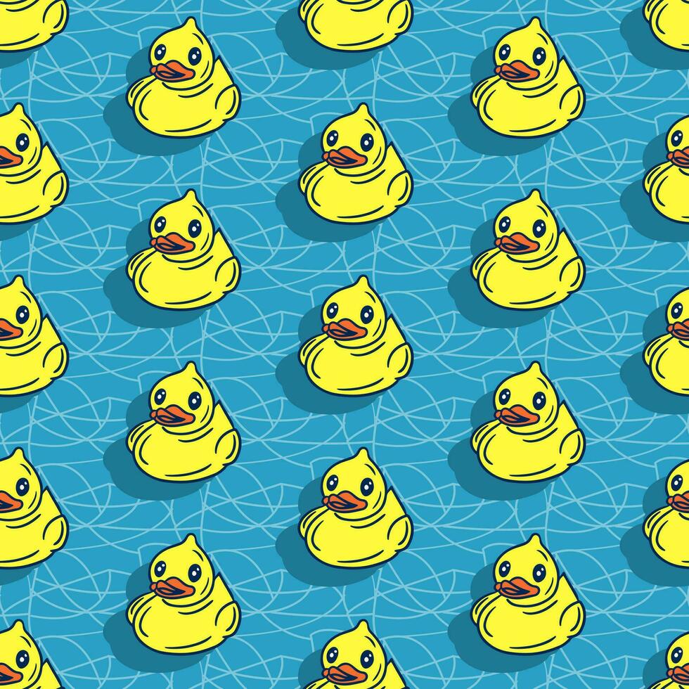 Vector flat yellow bath duck on water pattern. Cartoon isolated ducks on blue background. Trendy vintage pop art design. Suitable for home decoration, kids textile, wrapping paper, scrapbooking