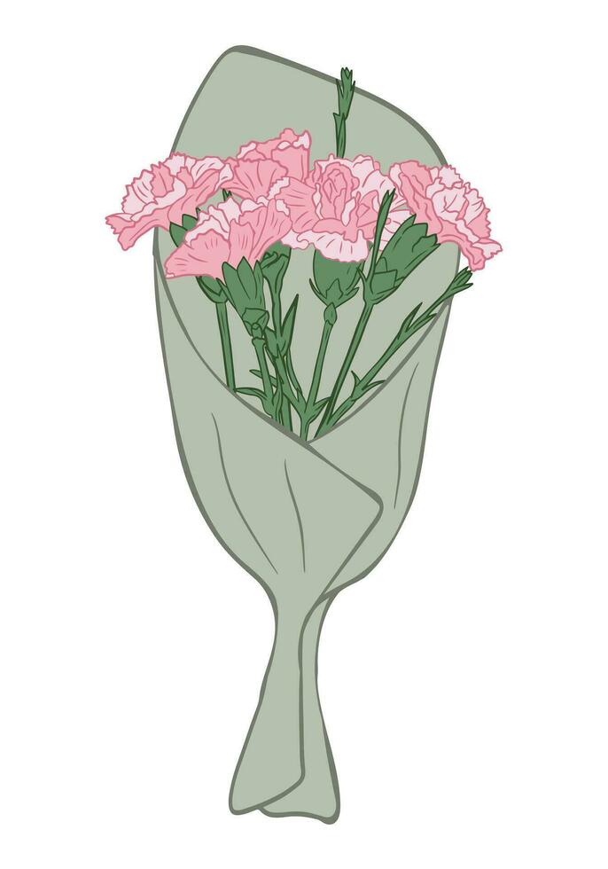 Bunch of pink hand drawn carnation in craft paper. Vector floral illustration. Botanical outline composition. Isolated bunch of flowers on white background or greeting card, invitation, banner.