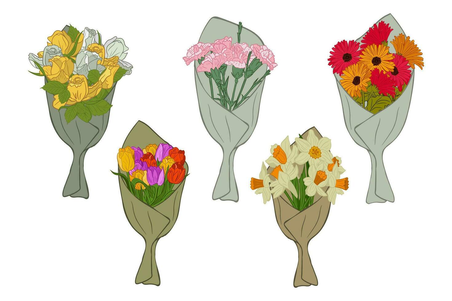 Bunches of flat hand drawn flowers in craft paper. Vector floral illustration. Botanical outline composition. Isolated bunches of flowers on white background or greeting card, invitation, banner.