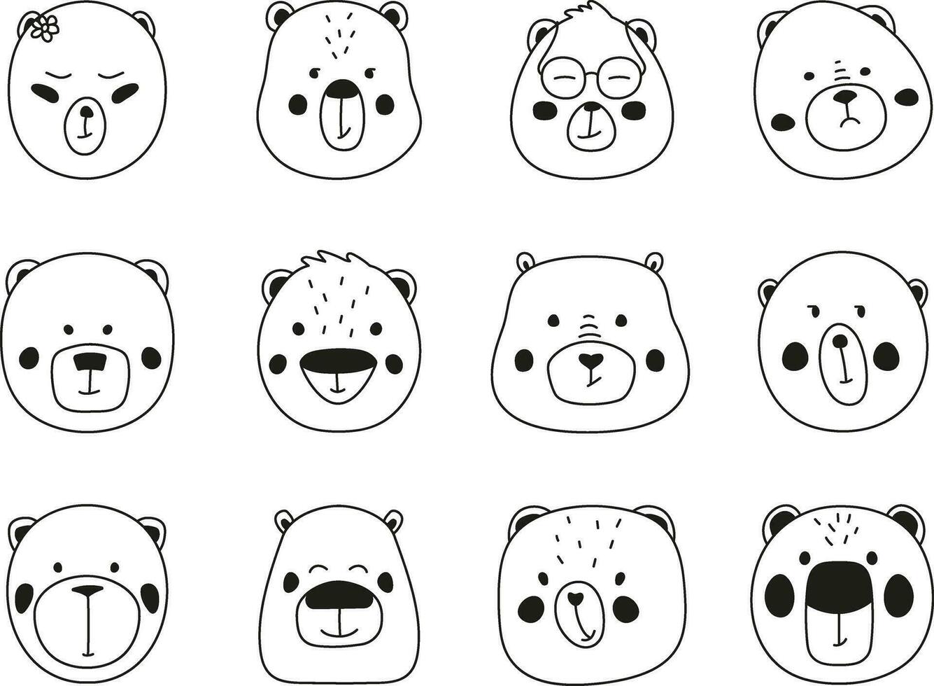 Set of 12 cute bear face posters vector illustration isolated on white