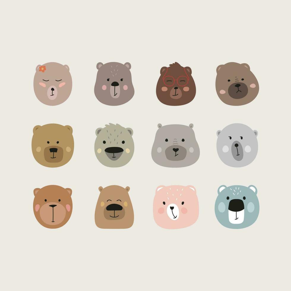 Set of 12 cute bear face posters hand drawn flat vector illustration isolated on background
