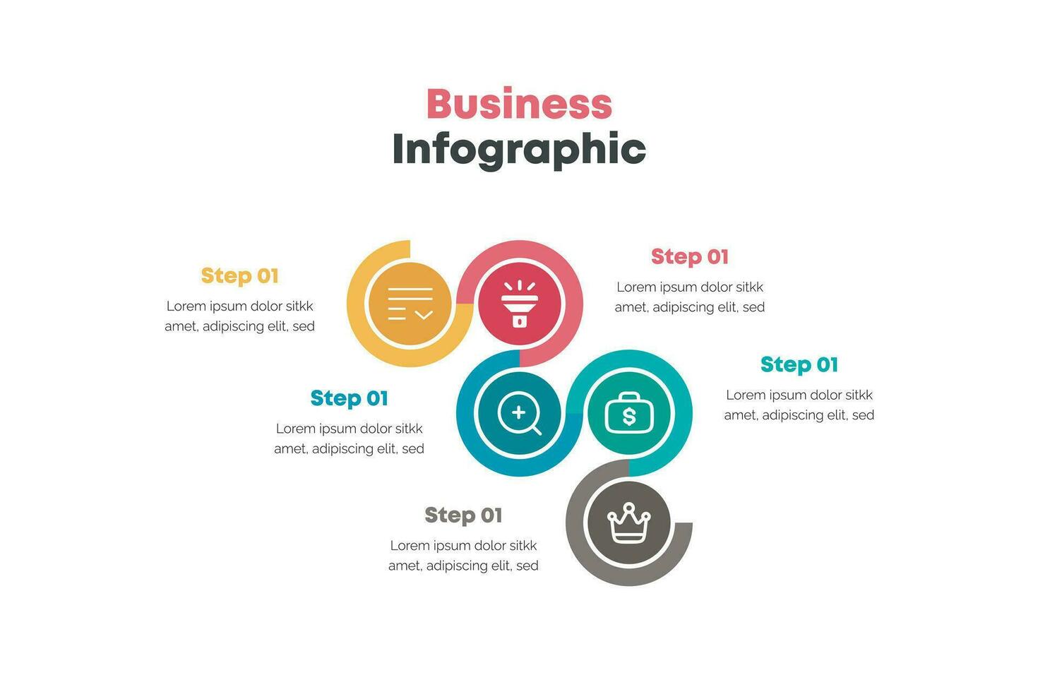 infografía con cinco opciones párrafos de editable texto y apropiado circulo icono 3d lustroso negocio infografia vector ilustración