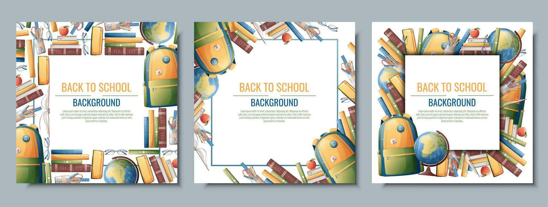 Back to school frame design. Set of postcard templates with backpack, books, globe. School, Knowledge, education.Background with school supplies vector