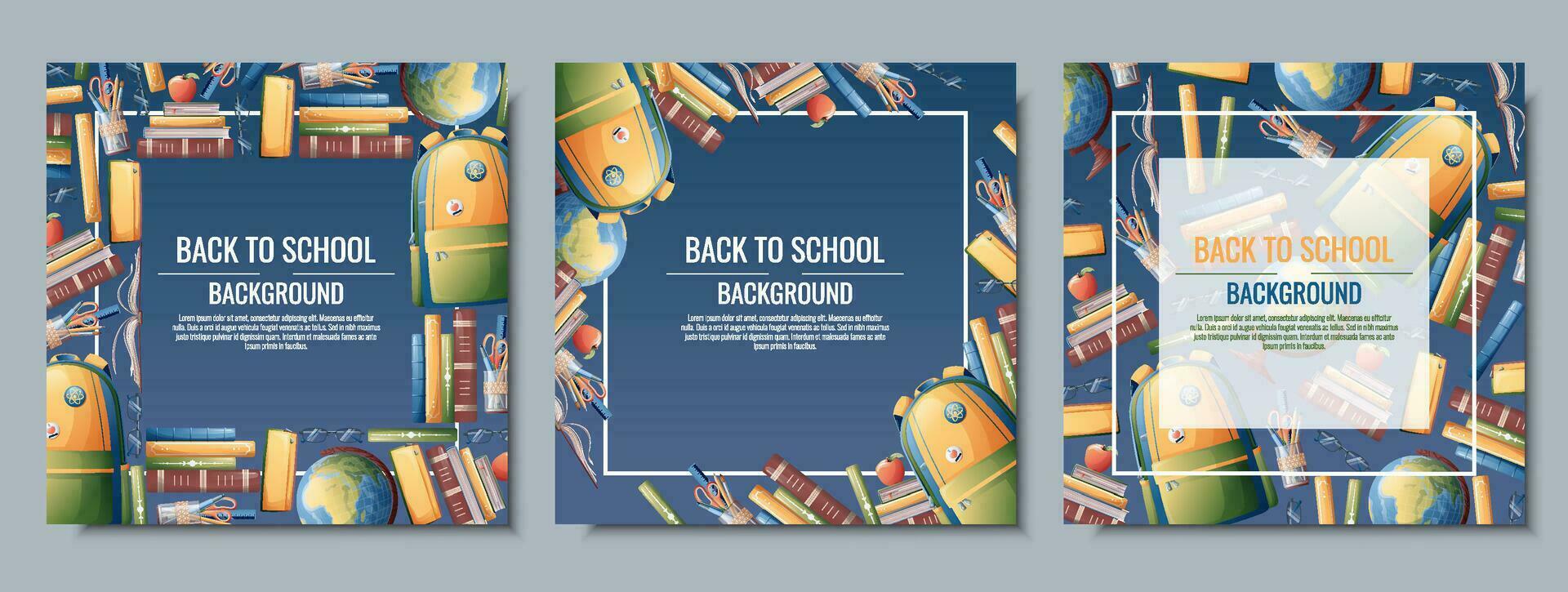 espalda a colegio marco diseño. conjunto de tarjeta postal plantillas con mochila, libros, globo. escuela, conocimiento, antecedentes educacionales con colegio suministros vector