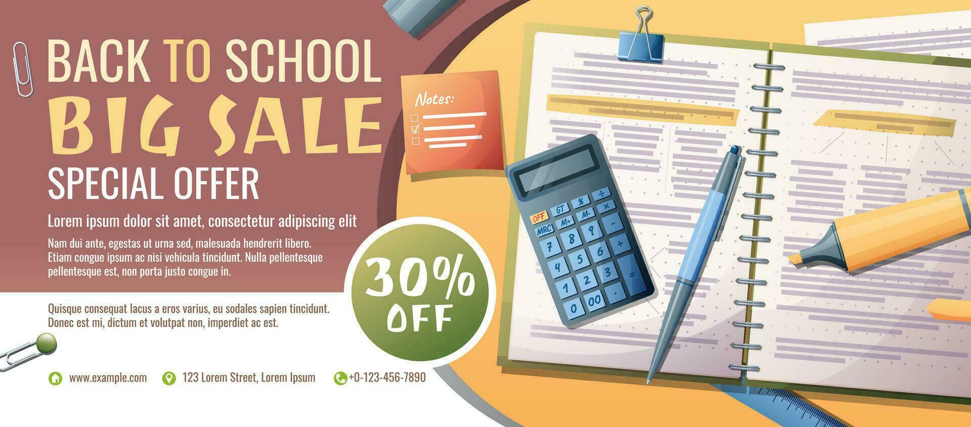 Vertical banner with paper, calculator and office supplies. Back to school, study, education. Office supplies scattered on the surface. Discount flyer with school items vector