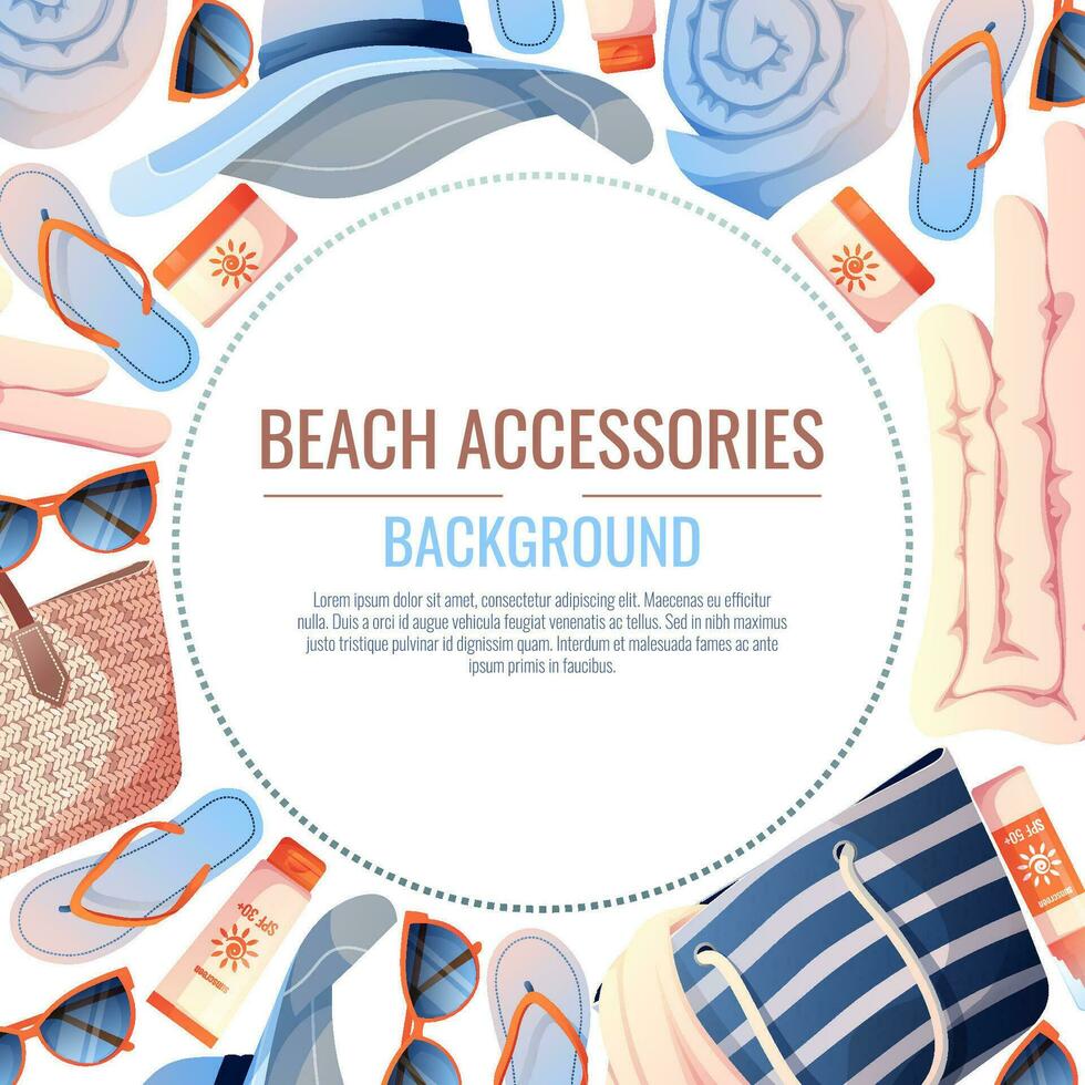 Summer background with beach accessories. Beach frame made of straw bag, hat and sunscreen. Beach holidays, holidays, summer time, sea vibe. Poster, flyer, card for summer sale vector