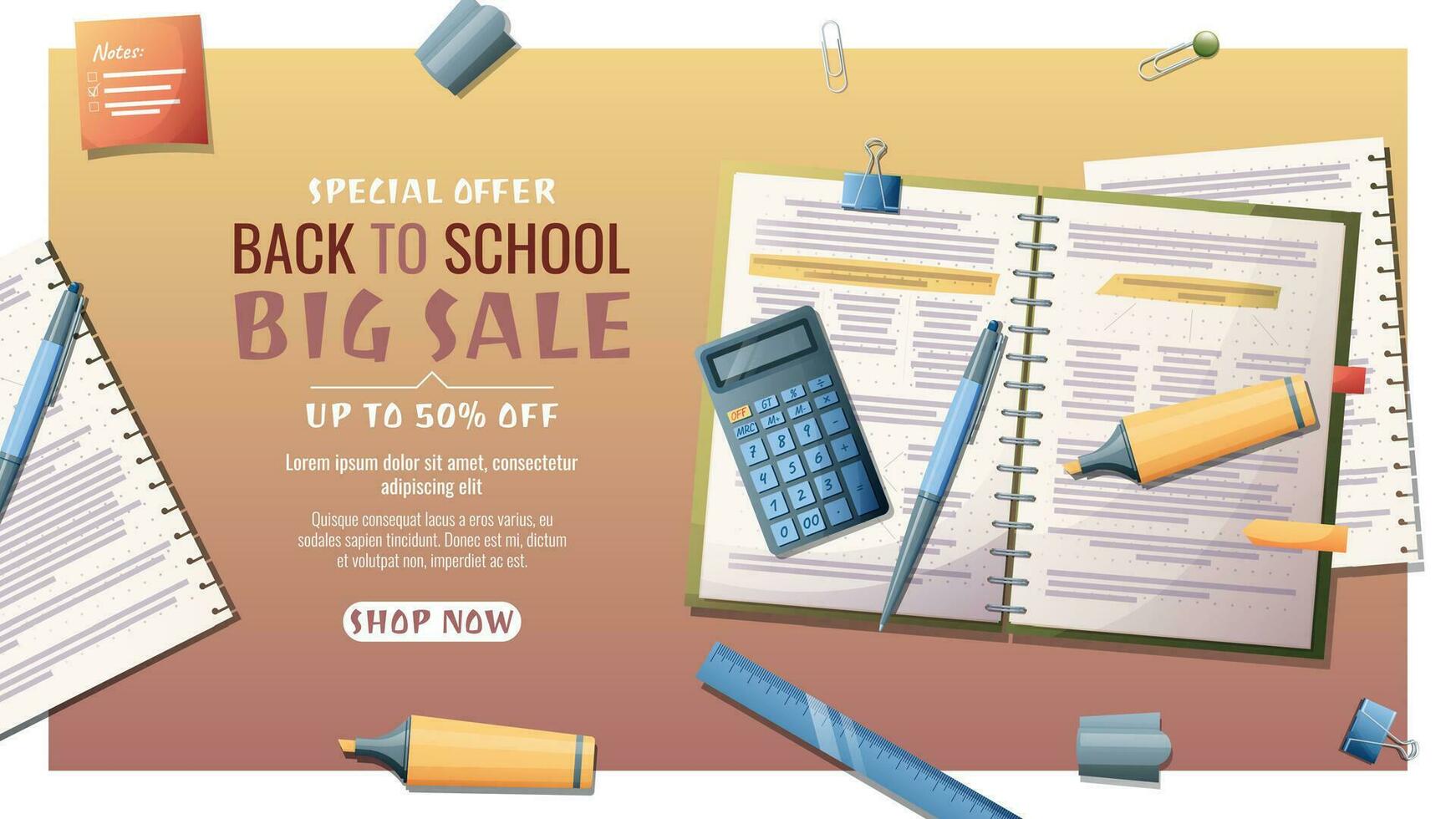 Back to school sale banner template with textbook, calculator and stationery. School time, back to school, education.Concept web design, website page vector