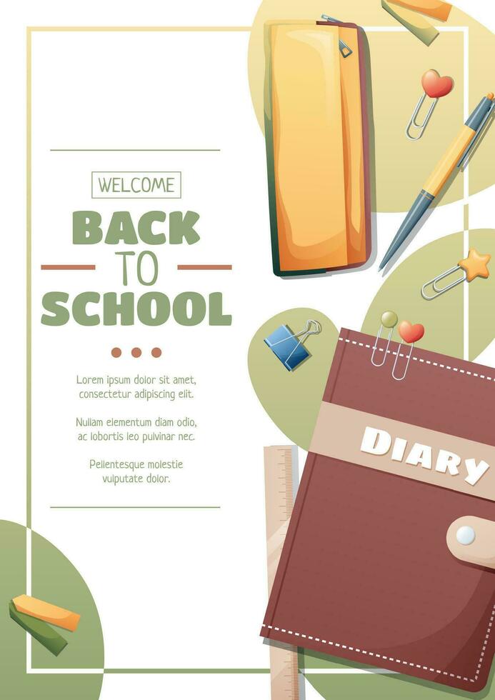 Flyer template with diary with a pencil case.. School time, back to school, education. Flyer, poster, banner size a 4 vector