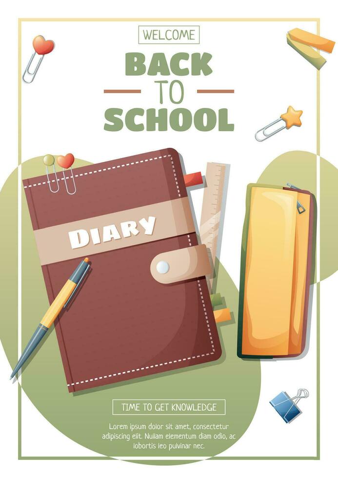 Flyer template with diary with a pencil case.. School time, back to school, education. Flyer, poster, banner size a 4 vector