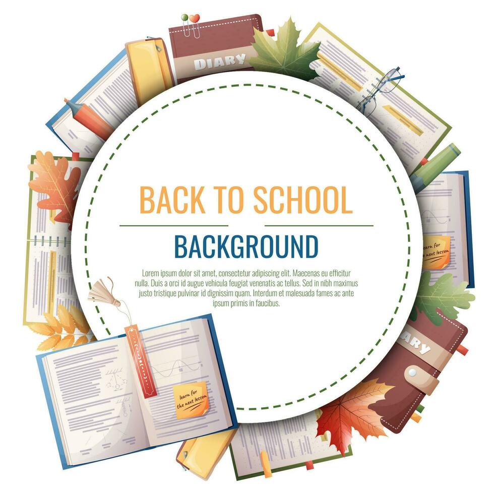 Back to school frame design. Poster, postcard with with textbooks, books and stationery. School, Knowledge, education.Background with school supplies. vector