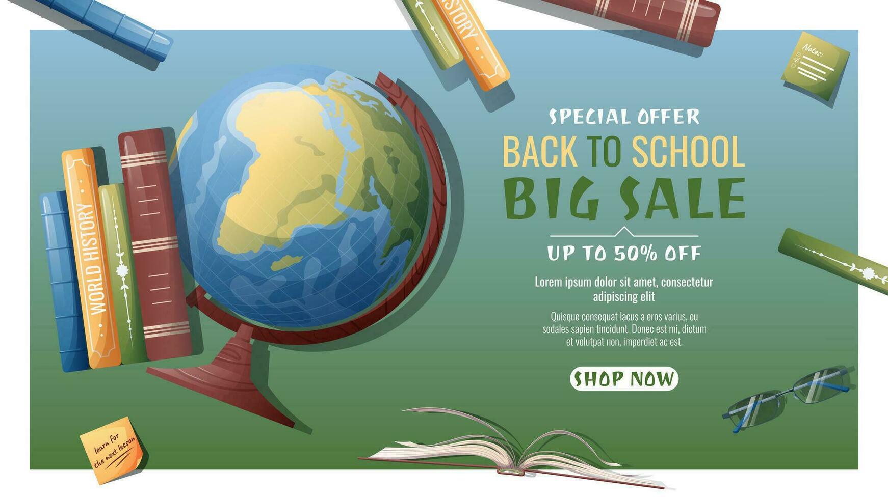 Back to school sale banner template with textbooks, books, globe, stationery. School time, back to school, education.Concept web design, website page vector