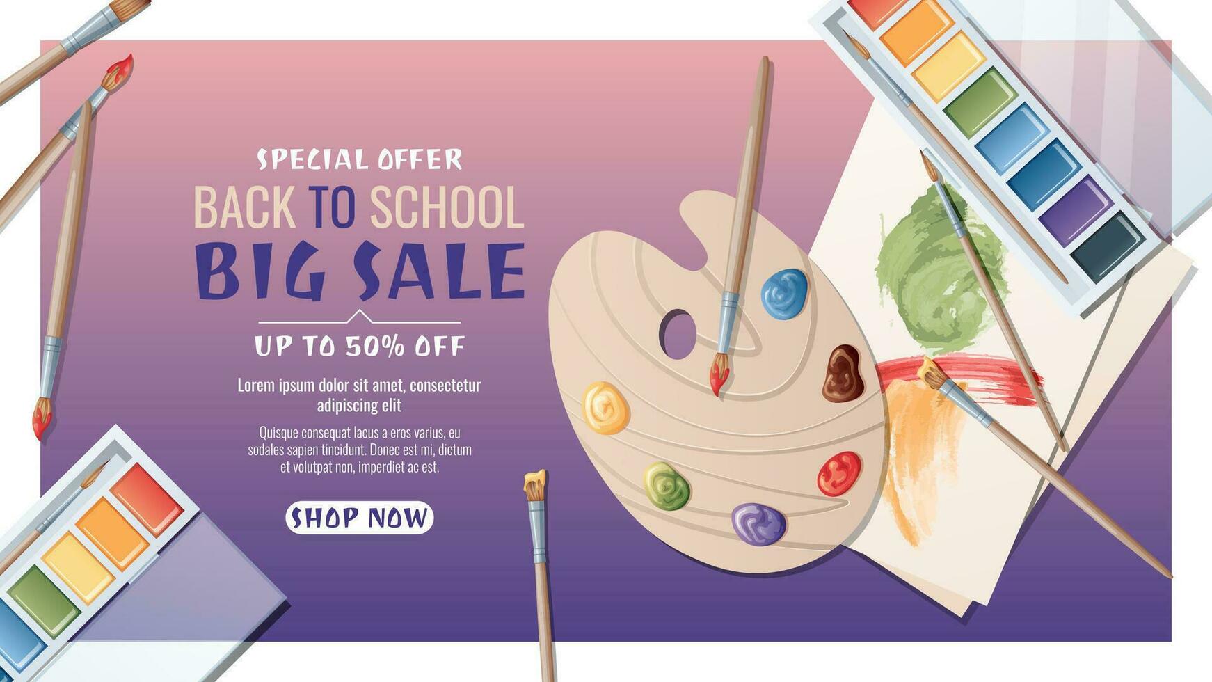 Back to school sale banner template for art school, studio, course, class, education. Vector background with art paints, brushes and palette. Creativity, hobby.School time