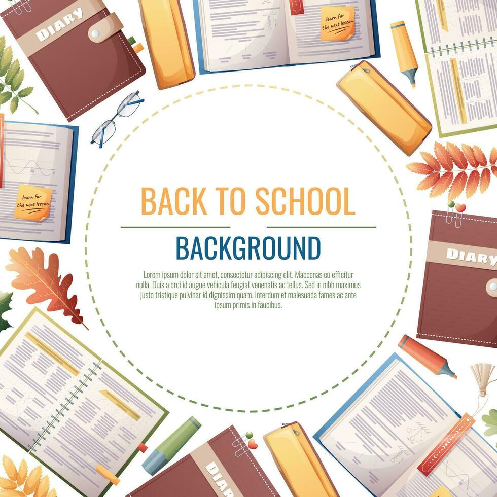 Back to school frame design. Poster, postcard with with textbooks, books and stationery. School, Knowledge, education.Background with school supplies. vector