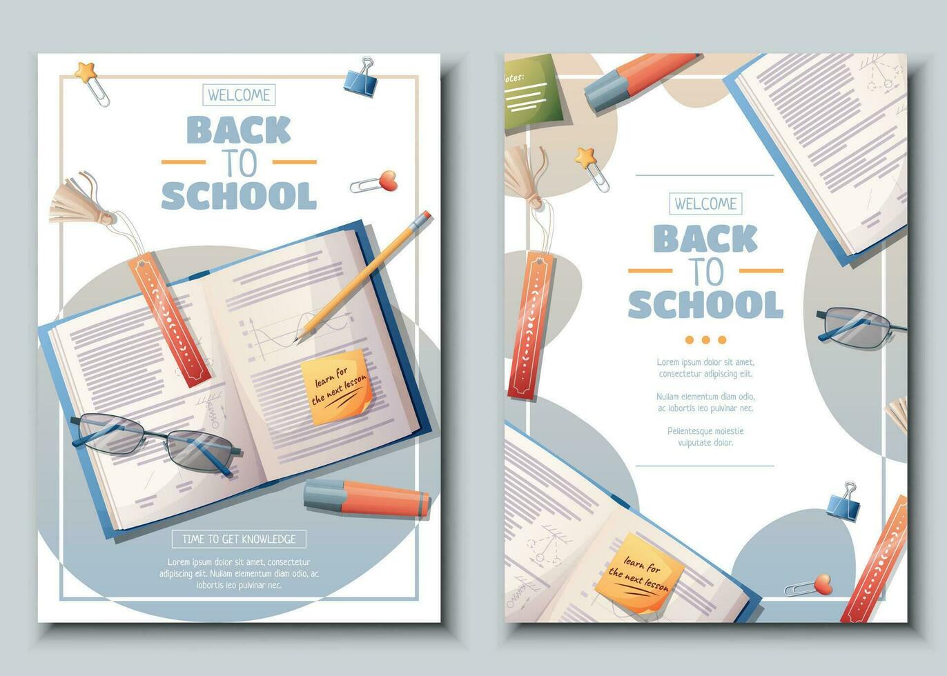 Set of flyer template with textbook with stationery. School time, back to school, education. Flyer, poster, banner size a 4 vector
