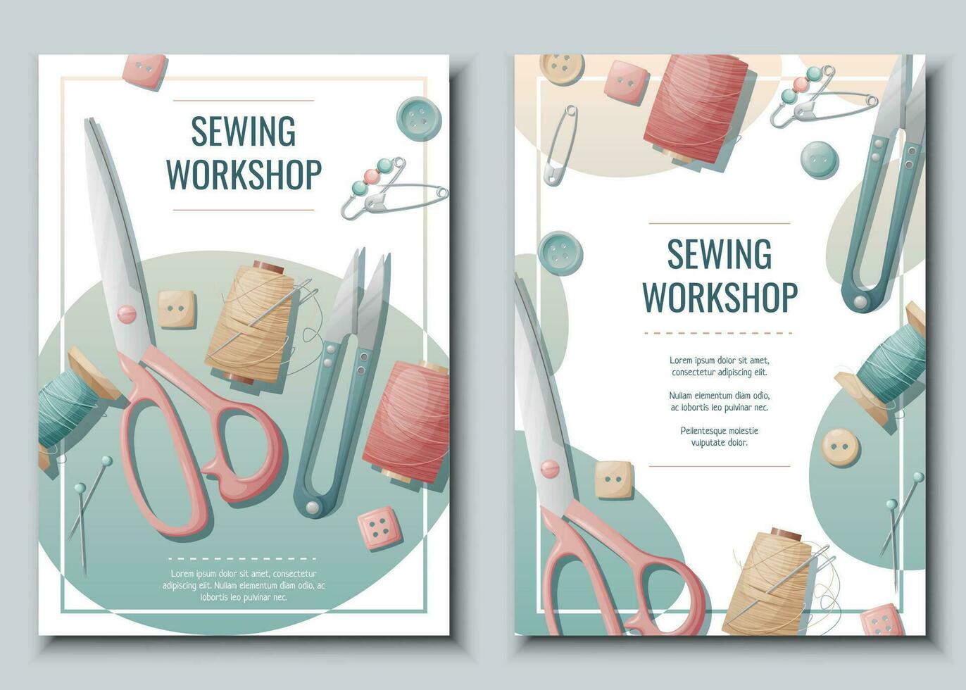 Flyer design set for sewing atelier, workshop. Poster with threads, scissors, sewing tools. Hobby, needlework, light industry. A4 banners for advertising vector