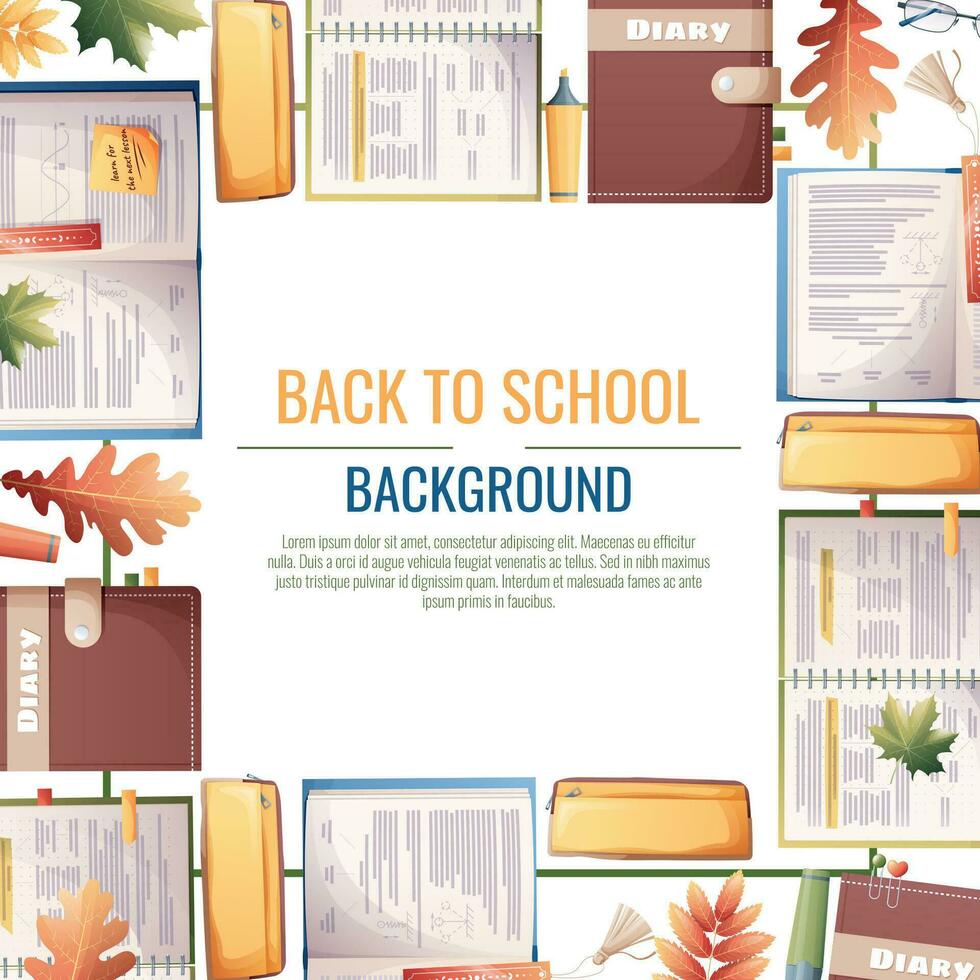Back to school frame design. Poster, postcard with with textbooks, books and stationery. School, Knowledge, education.Background with school supplies. vector