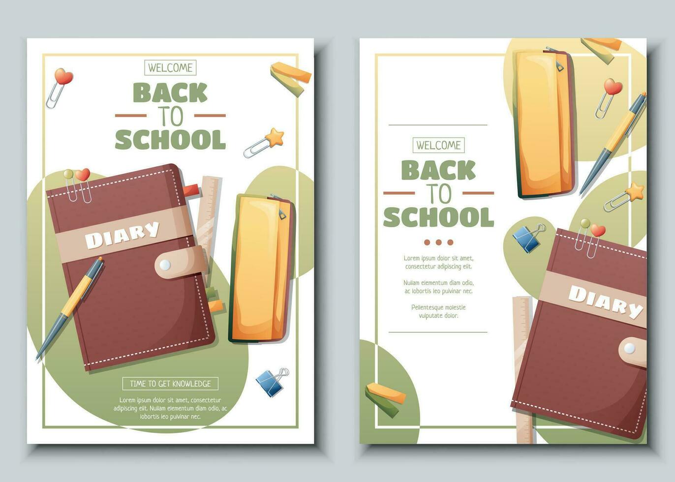 Set of flyer template with ndiary with a pencil case.. School time, back to school, education. Flyer, poster, banner size a 4. vector