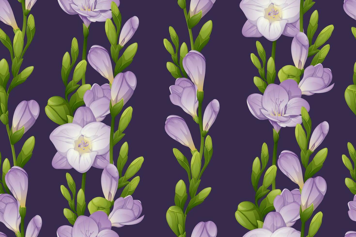 Seamless vertical pattern with purple freesia flowers and green buds. Wallpaper, fabric, wrapping paper, scrapbooking paper vector