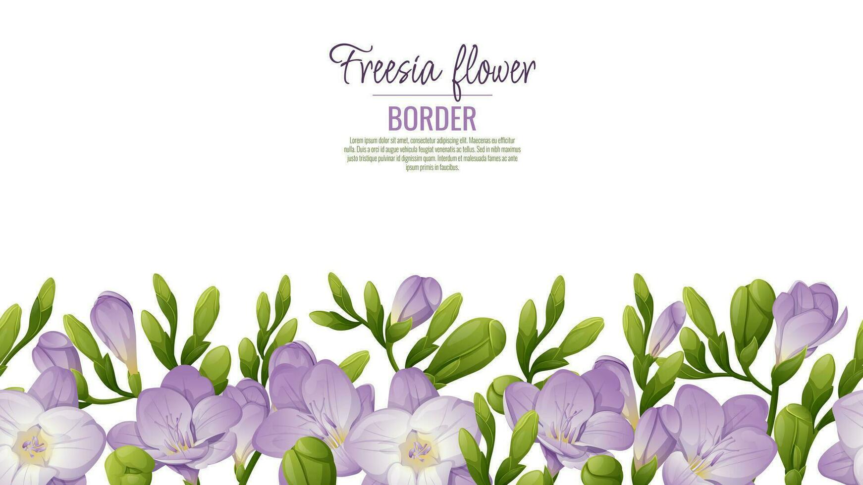 Seamless border of purple freesia flowers and green buds on a white background. Background design. Template for posters, postcards. Vector illustration
