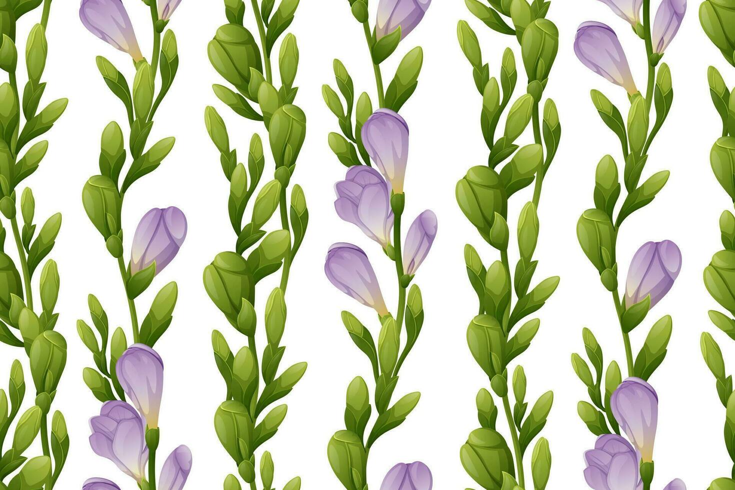 Seamless vertical pattern with purple freesia flowers and green buds. Wallpaper, fabric, wrapping paper, scrapbooking paper. vector