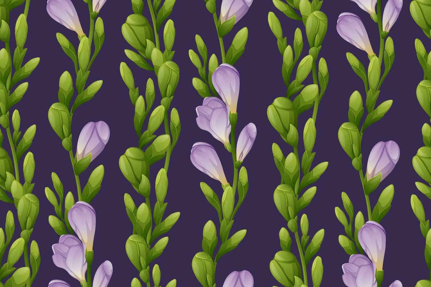 Seamless vertical pattern with purple freesia flowers and green buds. Wallpaper, fabric, wrapping paper, scrapbooking paper. vector