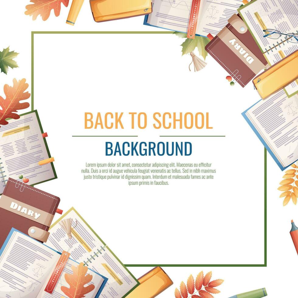 Back to school frame design. Poster, postcard with with textbooks, books and stationery. School, Knowledge, education.Background with school supplies. vector