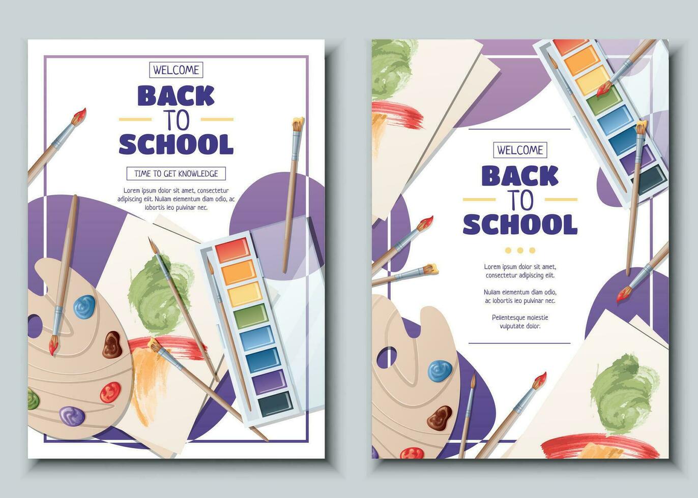 Set of flyer template with palette of paints, brushes, and paper. School time, back to school, education. Flyer, poster, banner size a 4 vector