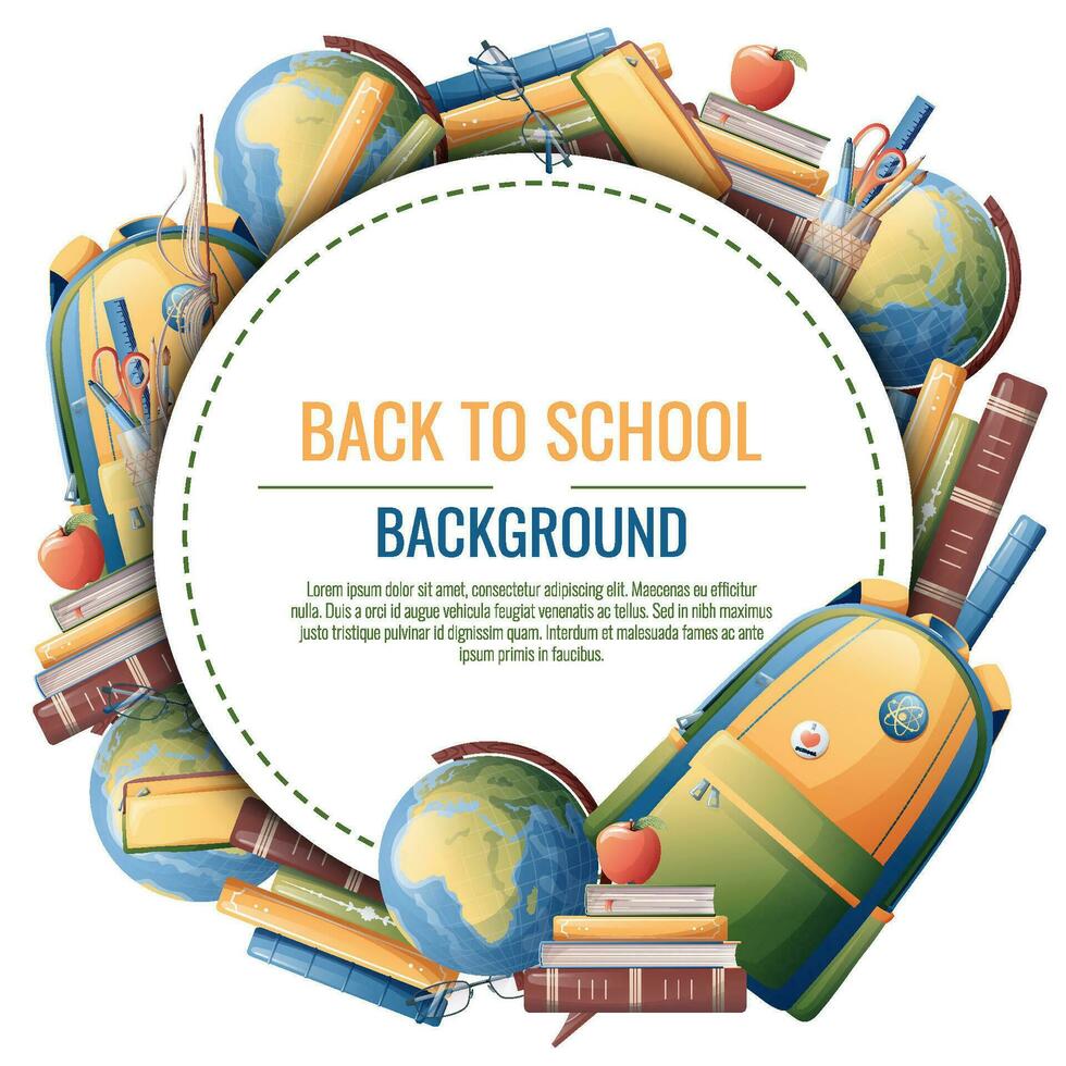 Back to school frame design. Poster, postcard with backpack, books, globe. School, Knowledge, education.Background with school supplies vector