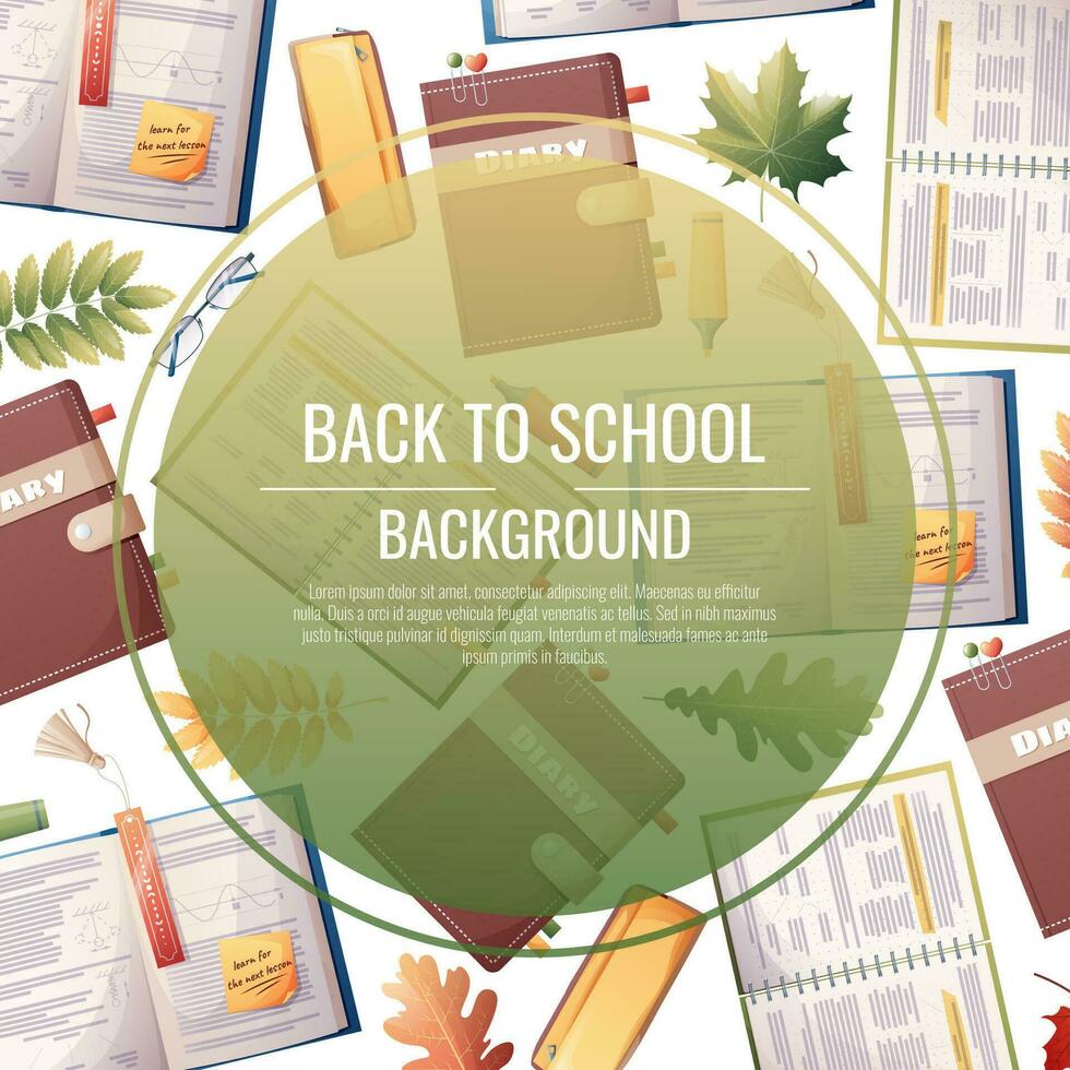 Back to school frame design. Poster, postcard with with textbooks, books and stationery. School, Knowledge, education.Background with school supplies. vector