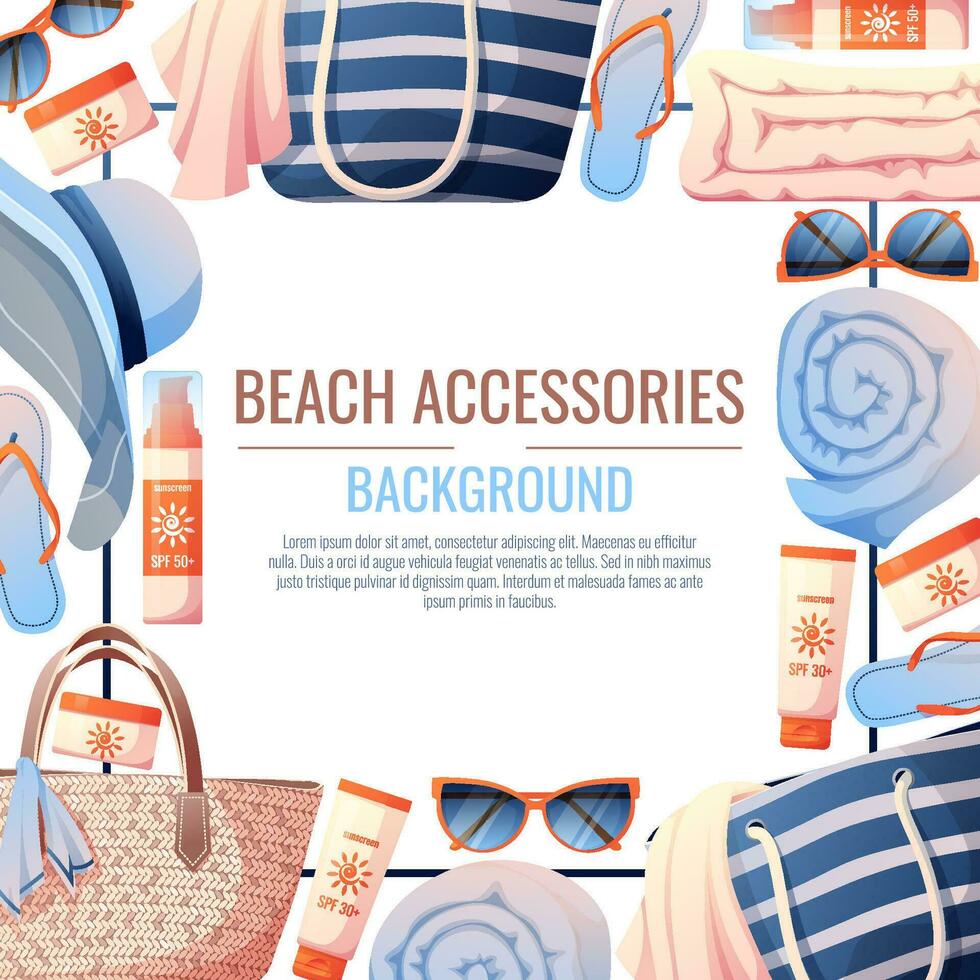 verano antecedentes con playa accesorios. playa marco hecho de Paja bolsa, sombrero y protector solar playa vacaciones, vacaciones, verano tiempo, mar onda. póster, volantes, tarjeta para verano rebaja vector