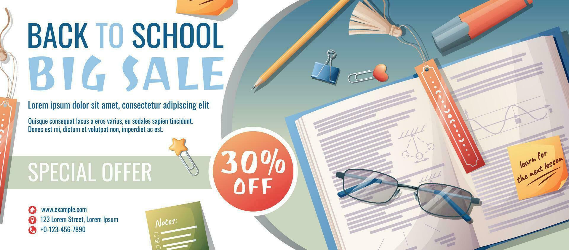 Back to school discount banner template with diary, pencil case, pen and paper clips scattered on the surface. Learning, knowledge, education. Flyer, poster with textbooks vector
