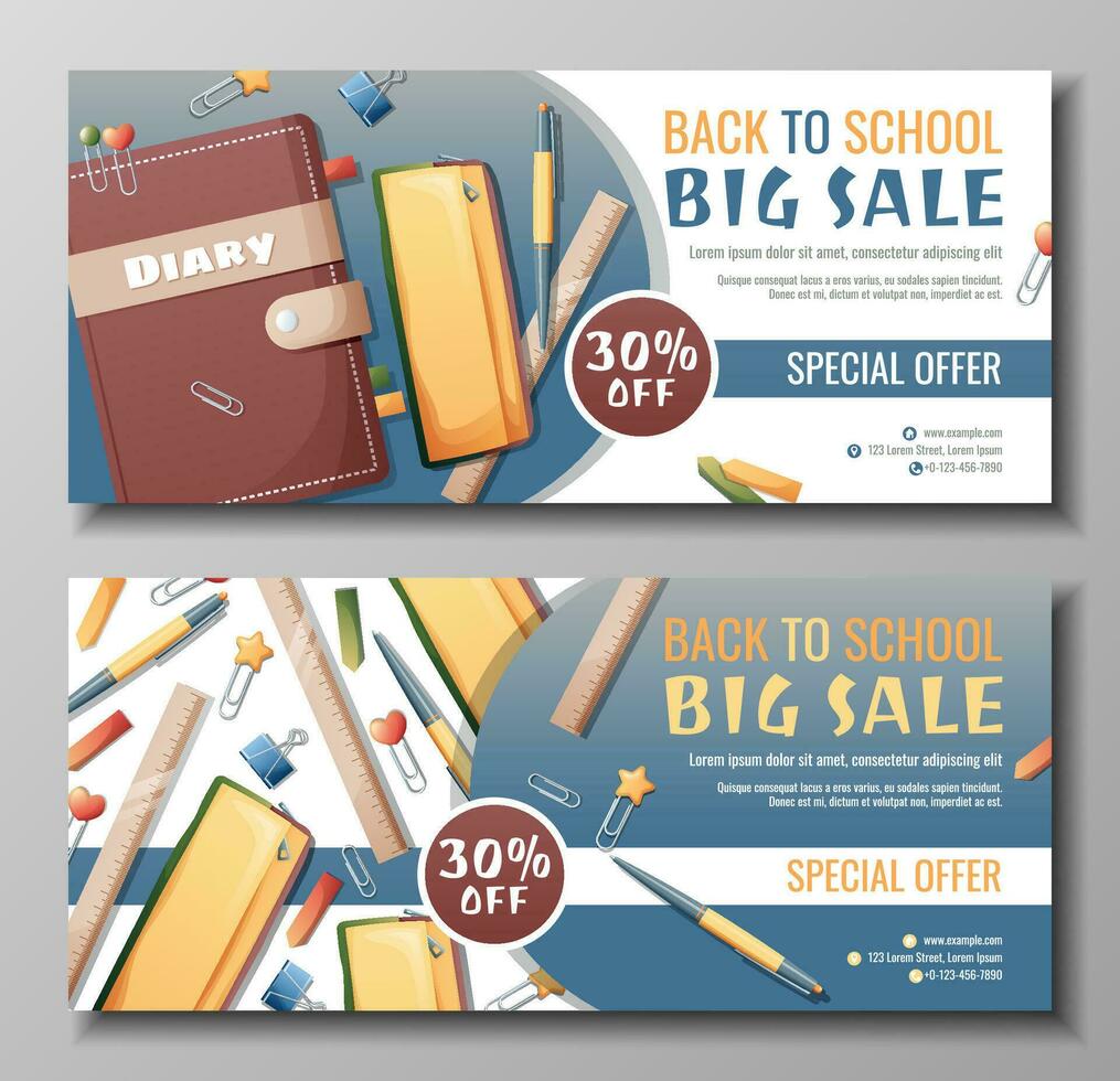 Banner design set with diary, pencil case, pen and paper clips scattered on the surface. Back to school, study, education. Office supplies scattered on the surface. Discount flyer with school items. vector