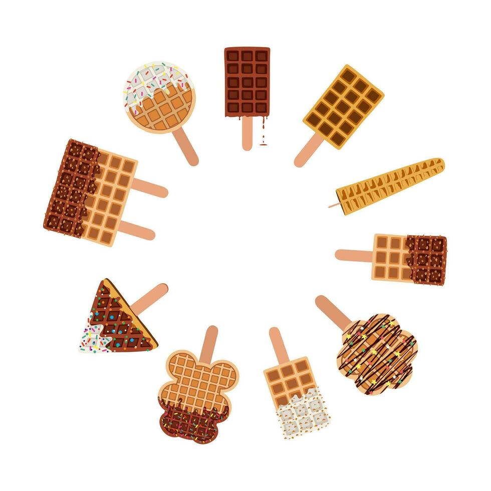 Circle frame. Sweet food and desserts food of golden brown homemade corn dogs waffles on a stick in various flavors vector