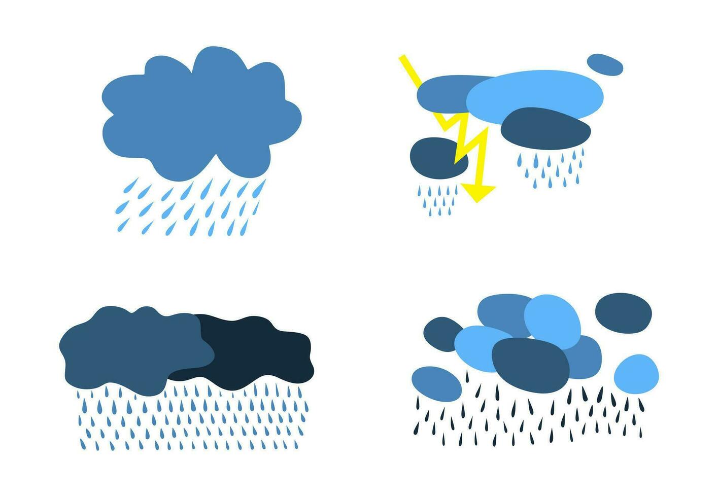 Set of cartoon clouds on white background. Illustration of rain, storm and light. vector