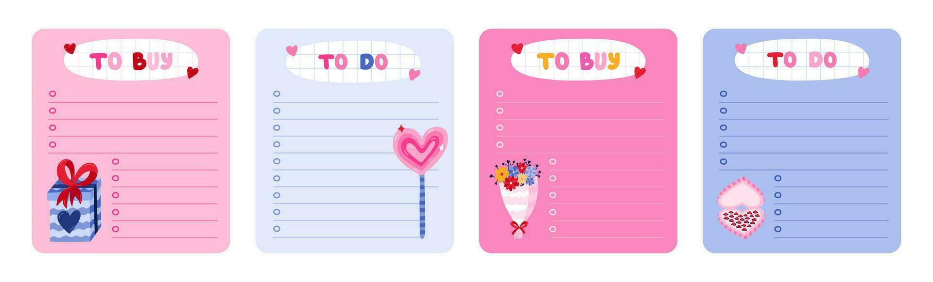 Set of cute scrapbook templates for planner - notes, to do, to buy, to read with illustrations about love, Valentine's day. With printable, editable illustrations. For school and university schedule vector