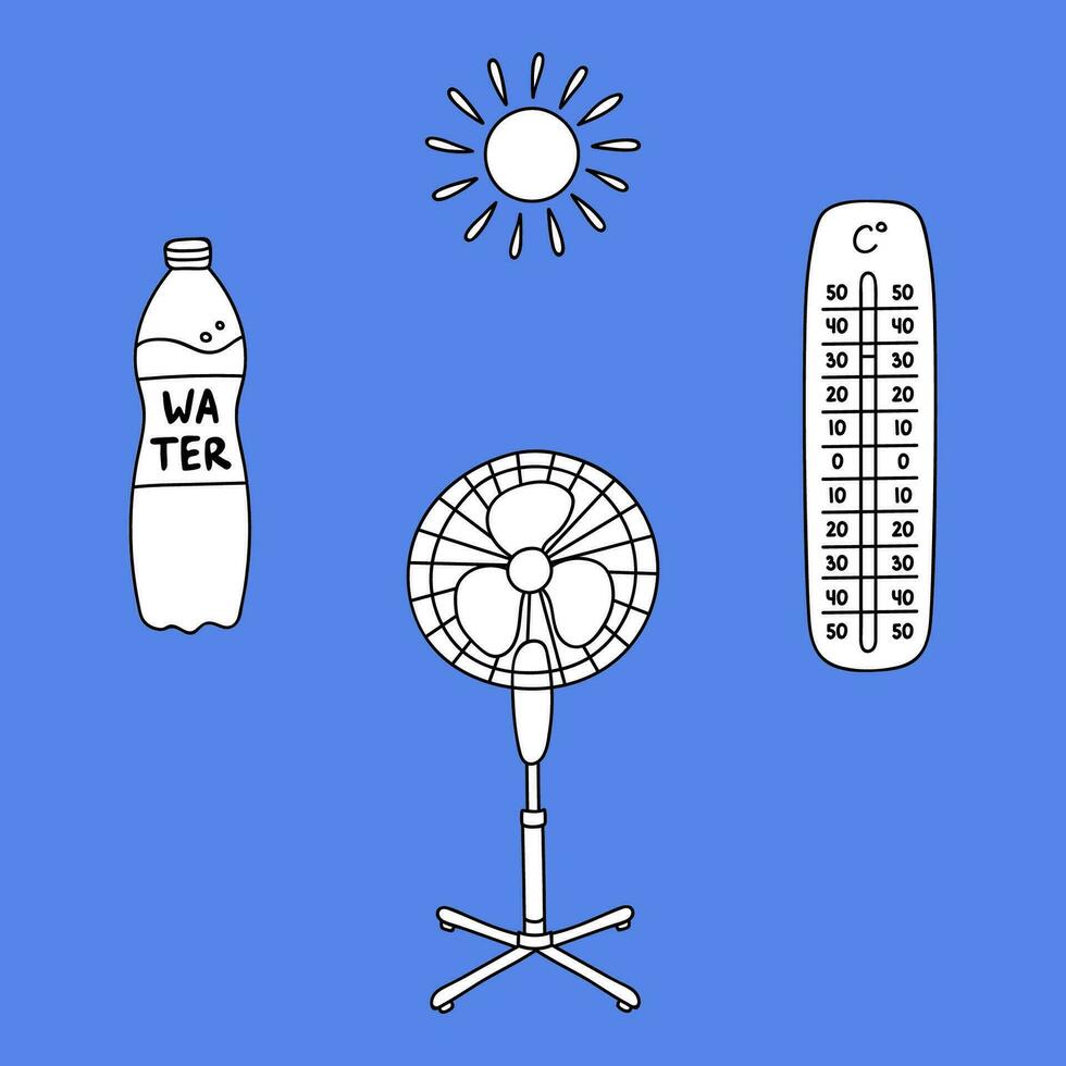 Cute, funny and colorful summer set. Doodle collection with water, electric fan, thermometer, sun. Hand drawn vector illustrations isolated on the background with outline