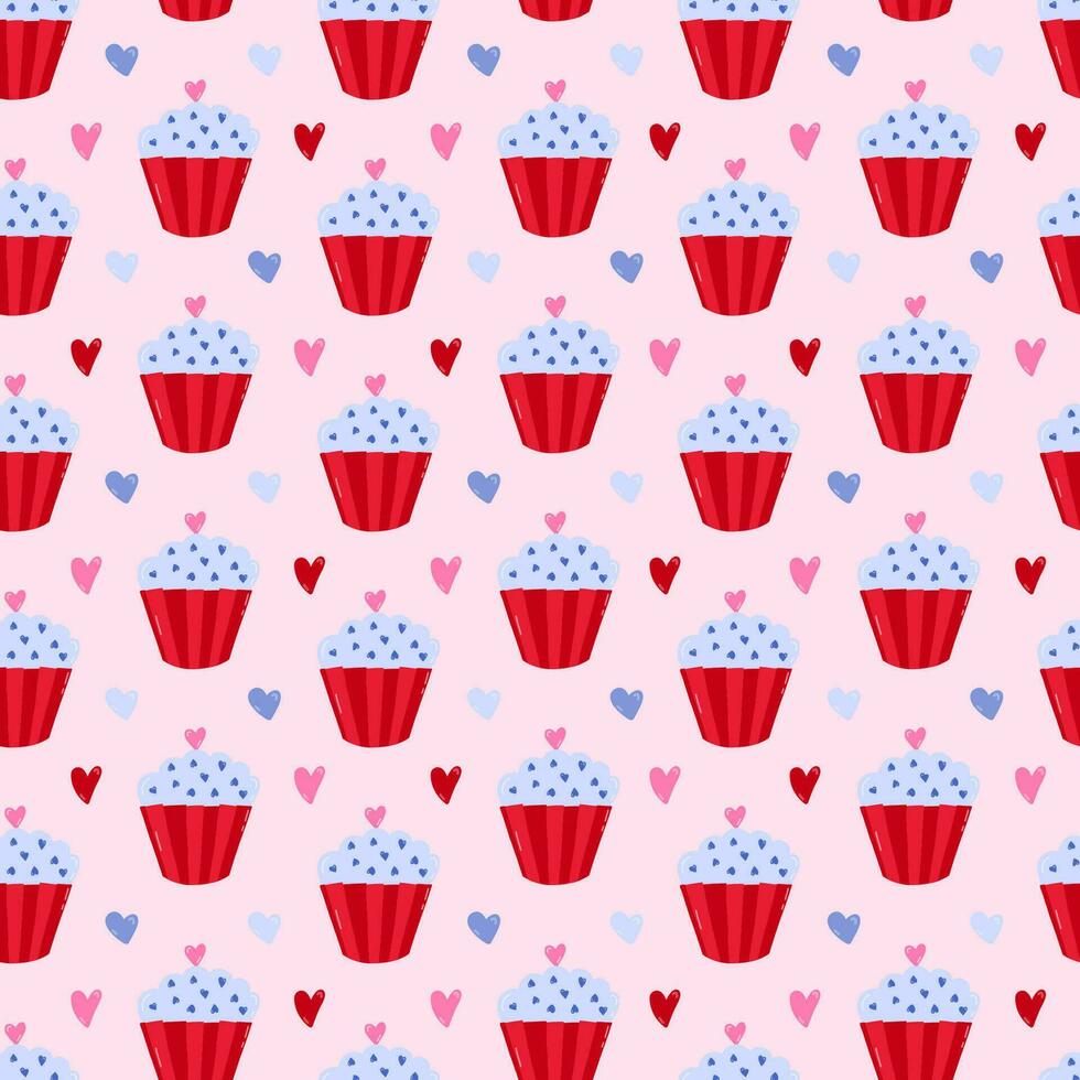Cute and colorful vector seamless hand drawn pattern with sweet cupcake and hearts. Valentine's day illustrations. For wrapping paper, bedclothes, notebook, packages, gift paper